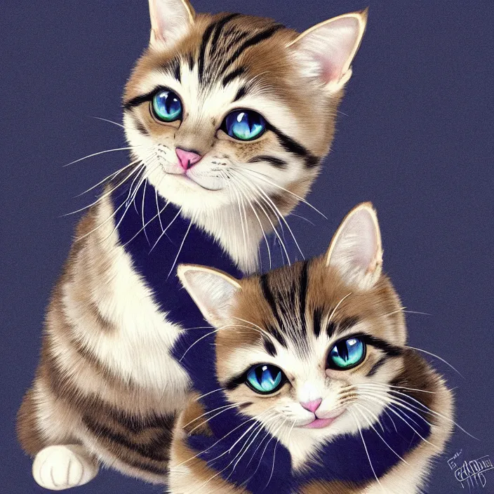 Image similar to cute cat of cheshire an adorable cat with black and blue stripes, shiny eyes and a big playful smile. award - winning digital art, trending on artstation