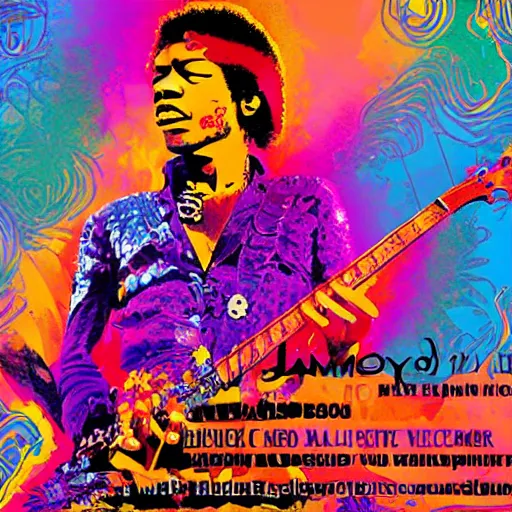 Image similar to HD digital concert poster Jimi Hendrix at Woodstock, ultra realistic, powerful, iconic, love peace and unity, hippy, flower power