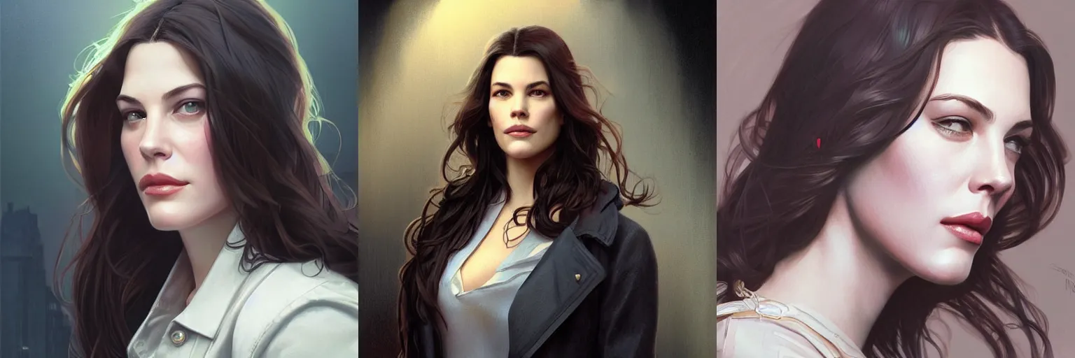 Prompt: portrait of Liv Tyler as a detective, highly detailed, digital painting, artstation, concept art, sharp focus, illustration, art by artgerm and greg rutkowski and alphonse mucha