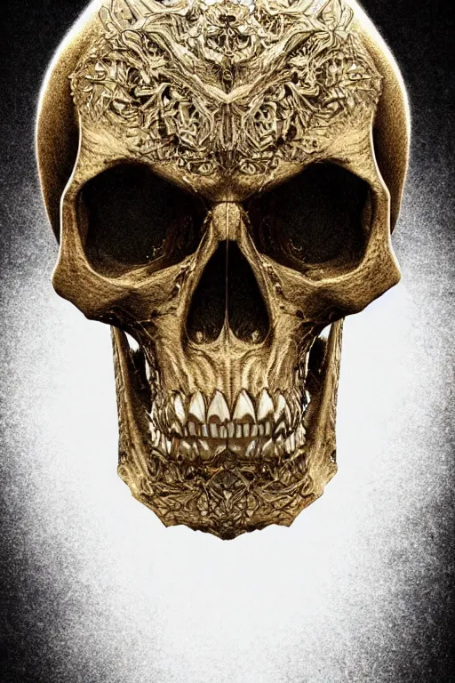 Prompt: skull, close - up portrait, powerful, intricate, elegant, volumetric lighting, digital painting, highly detailed, artstation, sharp focus, illustration, concept art, black ink pen, small gold leaf flake accents