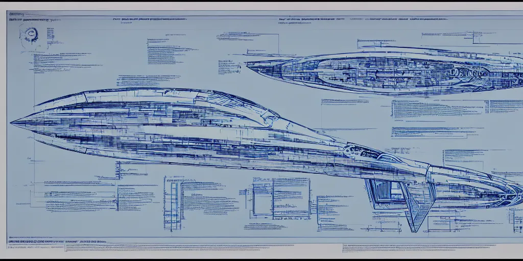 Image similar to blueprint for a sentient starship, technical drawing with annotations and notes in the margins, algorithms and physics equations, concept design by peter mohrbacher and craig mullins and hiroshi yoshida and james jean and frank frazetta and michael whelan and andreas rocha