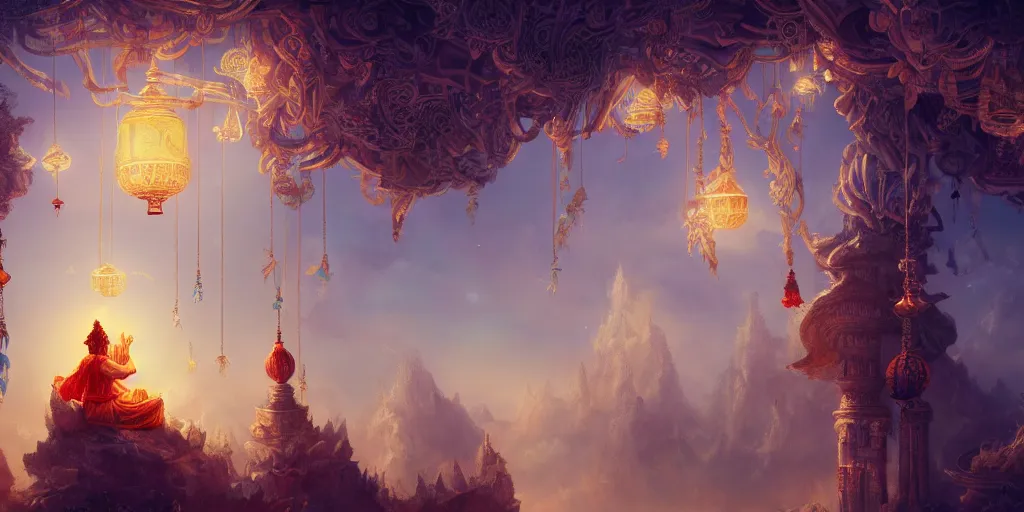 Image similar to painting of a god of wind enjoying his ornate heavenly palace, decorated with windchimes and paper lanterns, stunning nature in background, cinematic, 8 k, hyper detailed, digital art trending on artstation