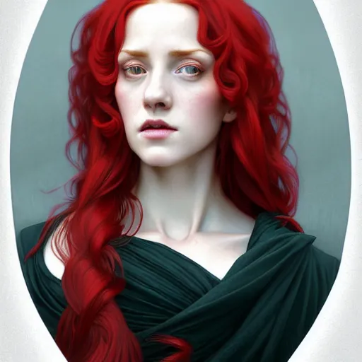 Prompt: long red hair aristocrat, bust portrait, gentle, solemn face, cloth, female, city landscape, d & d, fantasy, intricate, elegant, digital painting, red green color palette, artstation, octane render, concept art, matte, sharp focus, illustration, herrarthstone, art by artgerm and greg rutkowski and alphonse mucha