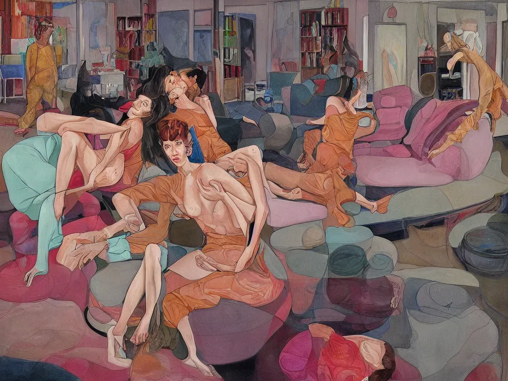 Image similar to Man and woman start to bounce in a living room of a house, floating dark energy surrounds the middle of the room. There is one living room plant to the side of the room, and another woman with siren body sitting on the sofa, expressionist painting by martine johanna and moebius