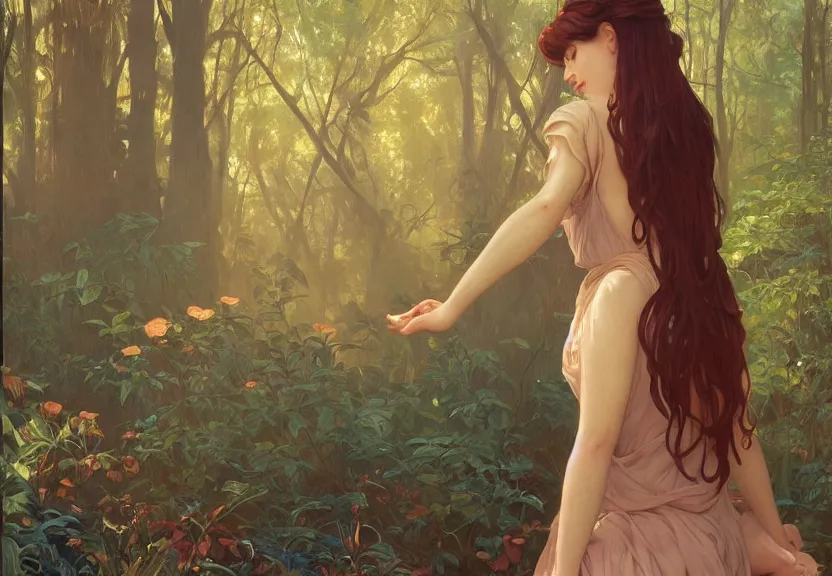 Prompt: a woman seen from behind from far away with copper hair and a flowing sundress dreaming in a forest, fine details by realistic shaded lighting poster by ilya kuvshinov katsuhiro otomo, magali villeneuve, artgerm, jeremy lipkin and michael garmash and rob rey, art nouveau, alphonse mucha, william - adolphe bouguereau, golden hour