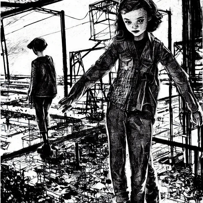 Image similar to sadie sink in dirty work clothes : leaves industrial district. waves goodbye to workmen background : factory, dirty, polluted. technique : black and white pencil and ink. by gabriel hardman, joe alves, chris bonura. cinematic atmosphere, detailed and intricate, perfect anatomy