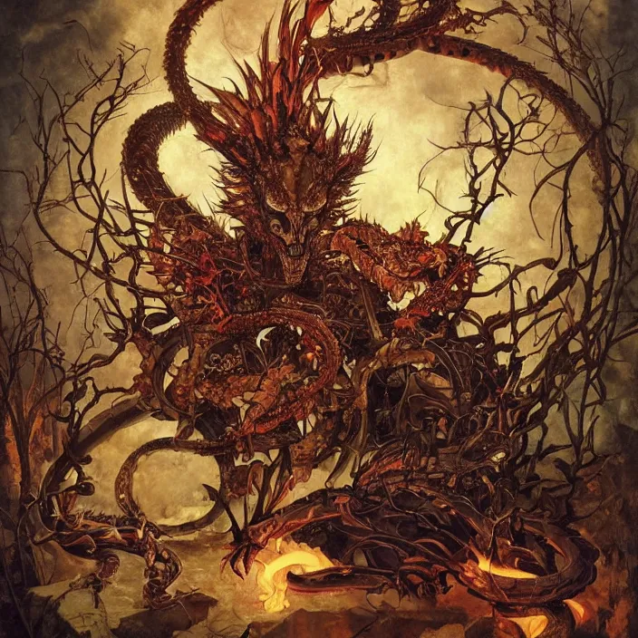 Prompt: portrait of a dragon skeleton, a wreath of thorns, snakes, smoke, flames, full-length, oil painting in a renaissance style , very detailed, haunted background, painted by Caravaggio, Greg rutkowski, Sachin Teng, Thomas Kindkade, Alphonse Mucha, Norman Rockwell, Tom Bagshaw