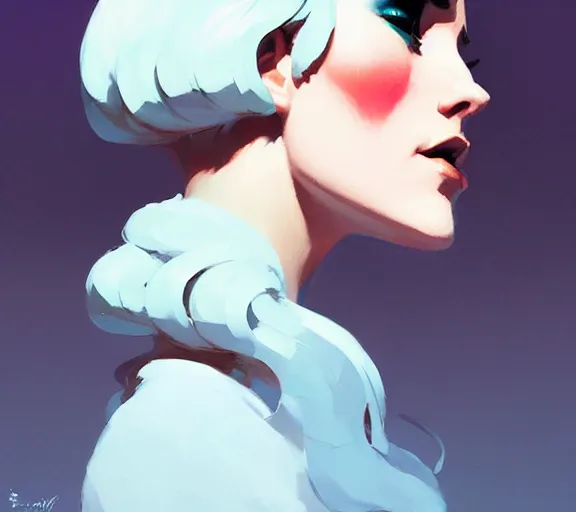 Prompt: side - profile painted portrait, queen, fantasy, by atey ghailan, by greg rutkowski, by greg tocchini, by james gilleard, by joe fenton, by kaethe butcher, hearthstone, art by artgerm dynamic lighting, gradient light blue, brown, blonde cream and white color scheme, grunge aesthetic