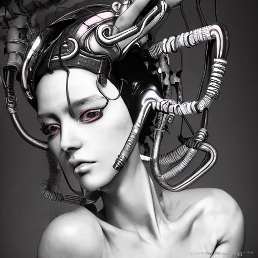 Image similar to the portrait of an absurdly beautiful, graceful, sophisticated, fashionable cyberpunk gynoid gravure idol, an ultrafine hyperdetailed illustration by kim jung gi, irakli nadar, intricate linework, neon colors, porcelain skin, unreal engine 5 highly rendered, global illumination, radiant light, detailed and intricate environment