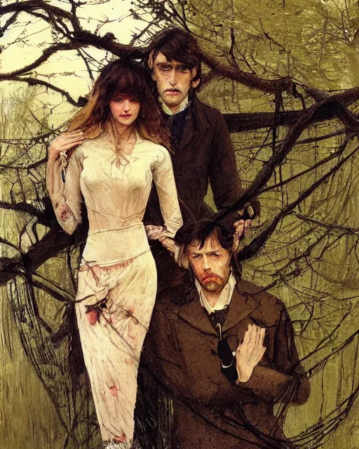 Prompt: two handsome but creepy people in layers of fear, with haunted eyes and tangled hair, 1 9 7 0 s, seventies, wallpaper, woodland a little blood, moonlight showing injuries, delicate embellishments, painterly, offset printing technique, by coby whitmore, jules bastien - lepage, john howe