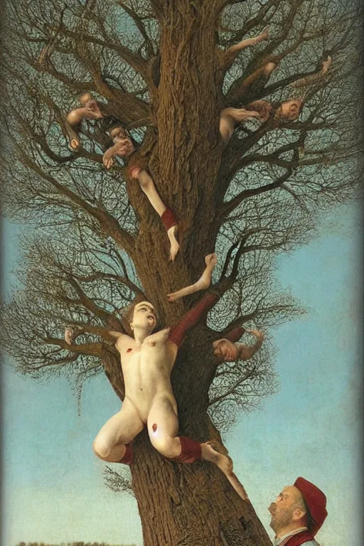 Prompt: beautiful clean oil painting of gentlemans falling from the giant tree by dino valls, detailed, stunning, realistic