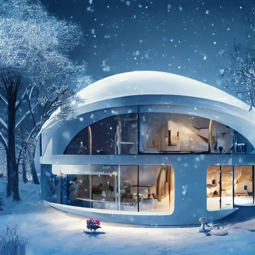 Prompt: a beautiful futuristic home in the winter!????, artstation