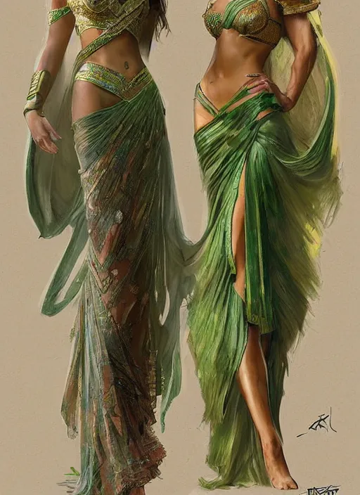 Prompt: lindsey pelas and gal gadot wearing a green kebaya, javanese art, digital painting, artstation, concept art, sharp focus, illustration, art by artgerm and greg rutkowski and alphonse mucha