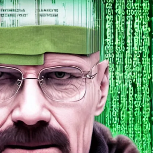 Image similar to close up still of walter white seeing the matrix code, highly detailed face, highly detailed skin, award winning scene, photography, photo, beautiful glitching green matrix code, symmetrical