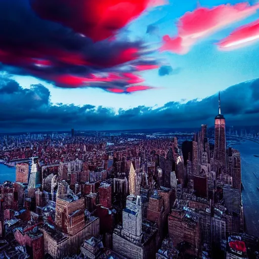 Image similar to dystopian, destroyed new york city, real, blue sky, smoke, red clouds, detailed, award winning, masterpiece, photograph, cinematic