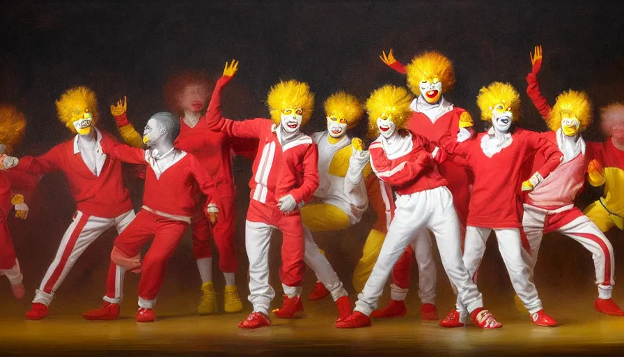 Image similar to highly detailed painting of a group of ronald mcdonalds with red afros, white facepaint, red noses and yellow tracksuits dancing on stage at a school talent show by william turner, by greg rutkowski, by william constable, thick brush strokes and visible paint layers, 4 k resolution