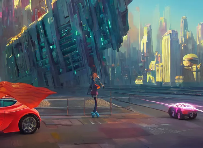 Image similar to gorgeous bright girl waving a red flag over her head enthusiastically regulating hover car traffic in a Mandelbrot fractal futuristic bustling utopian city by Craig Mullins, ilya kuvshinov, krenz cushart, artgerm trending on artstation by Edward Hopper and Dan Mumford and WLOP and Rutkovsky, Unreal Engine 5, Lumen, Nanite