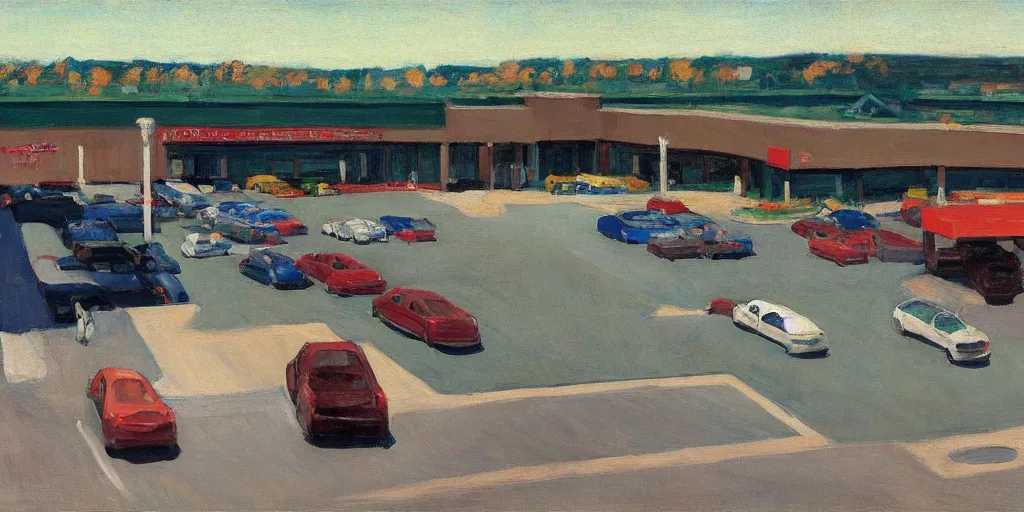 Prompt: The parking lot behind a Walmart in a North American suburban strip mall by Edward Hopper