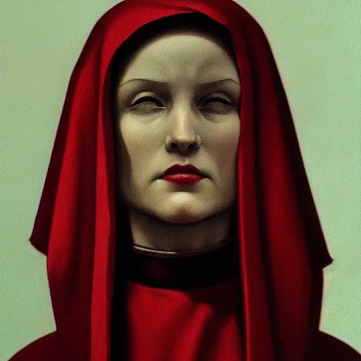 Prompt: the red nun, side profile, trending on artstation, 8 k, by gerard brom and zdzisław beksinski