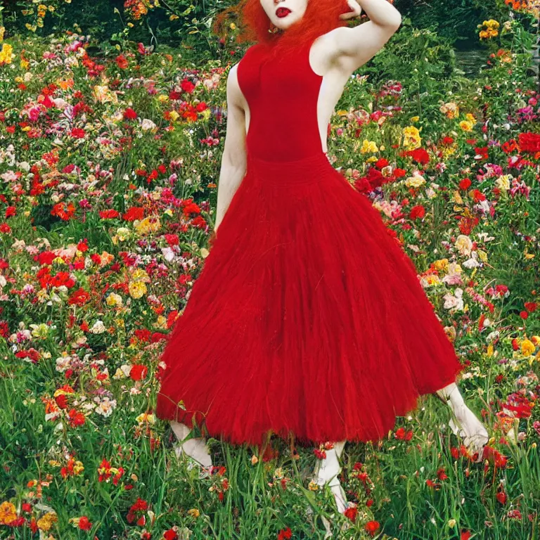 Image similar to a red headed girl with a side shave dancing by the riverside in a garden full of huge flowers by dino valls and egon schiele, fashion editorial