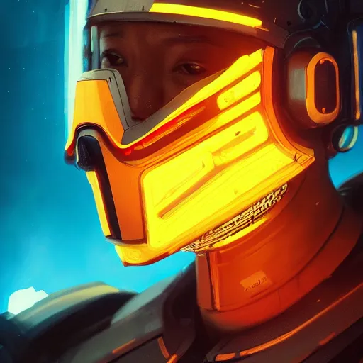 Image similar to yong boy destroyed to pieces with glowing yelow visor as a realistic scifi cyberpunk knight, closeup portrait art by james jean and greg rutkowski,, realistic face, like anime, digital art, trending on artstation, 8 k