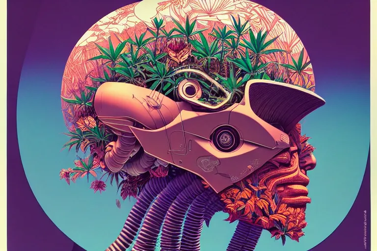 Image similar to gigantic robot head, a lot of exotic vegetation, trees, flowers by moebius, junji ito, tristan eaton, victo ngai, artgerm, rhads, ross draws, hyperrealism, intricate detailed, risograph