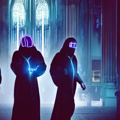 Image similar to electric warrior monks, robed, cyberpunk cathedral, special effects, neon, cyberpunk, realistic, cinematic style, visually stunning, 35mm, film post process