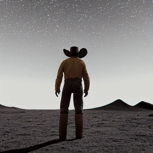 Image similar to cowboy standing on the moon looking up at earth, octane render, blender render, unreal engine, 3 5 mm