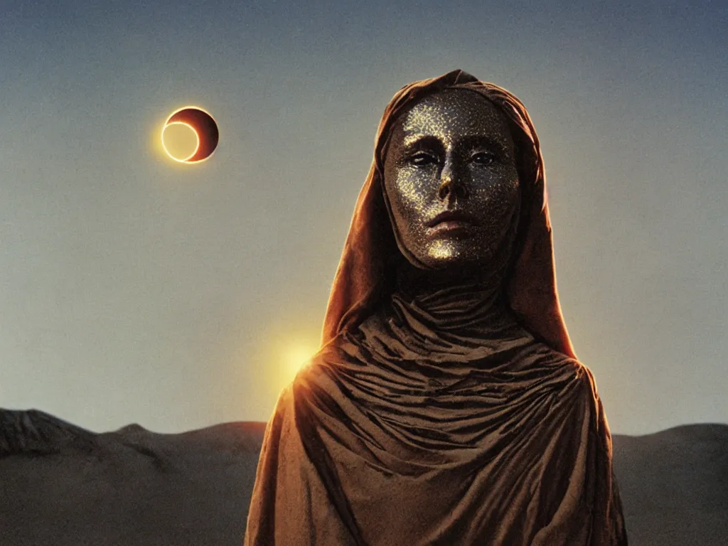 Image similar to glowing bene gesserit in full - face golden glowing mask in a black rocky desert landscape with a giant solar eclipse in the sky by christopher doyle and alejandro jodorowsky, anamorphic lens, kodakchrome, cinematic composition, very detailed photo, 8 k,