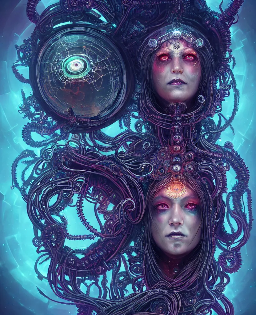 Image similar to queen of death. intricate portrait, occult cyberpunk, ancient futuristic, dark art, occult. intricate biomechanical, bioluminescent halo around head, mandala ornament, cybernetic glowing jellyfish, tentacles, by Petros Afshar, by artgerm, by Eddie Mendoza, by Peter mohrbacher by tooth wu, unreal engine, octane render, cinematic light, high details, iridescent colors, macro