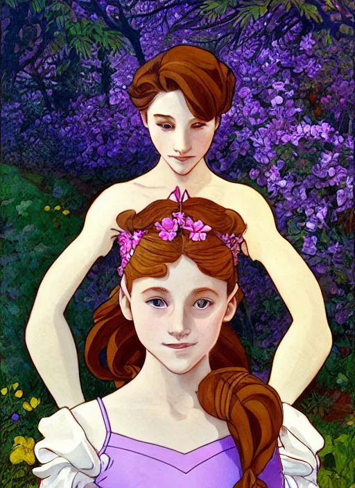 Image similar to well - lit art nouveau face portrait of a 1 3 - year old ballet girl in the garden, natural lighting, path traced, highly detailed, high quality, cartoon, digital painting, by don bluth and ross tran and studio ghibli