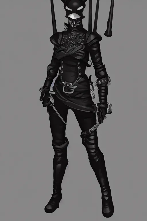 Image similar to female adventurer in tight full - body black leather armor of japanese design and a black porcelain crow mask, trending in artstation, establishing shot