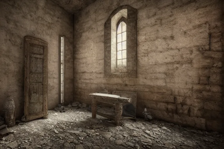 Prompt: an abandoned medieval room in an old stone building, dusty, cobwebs, wooden furniture, a small window with dark gloom coming through, high definition, matte painting, dust particles