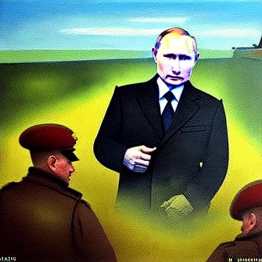 Prompt: Putin is sitting in the trenches and defending himself from Ukrainian troops, Retro futuristic painting style