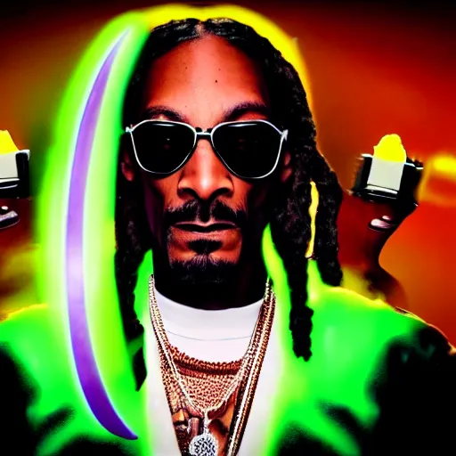 Prompt: cinematic film still of Snoop Dogg starring as a futuristic Marvel Super Hero holding green fire, 2022, 40mm lens, shallow depth of field, film still