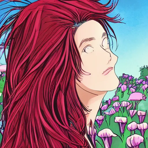 Prompt: colorful, detailed, comic, depicting an infp girl with red hair, amid nature