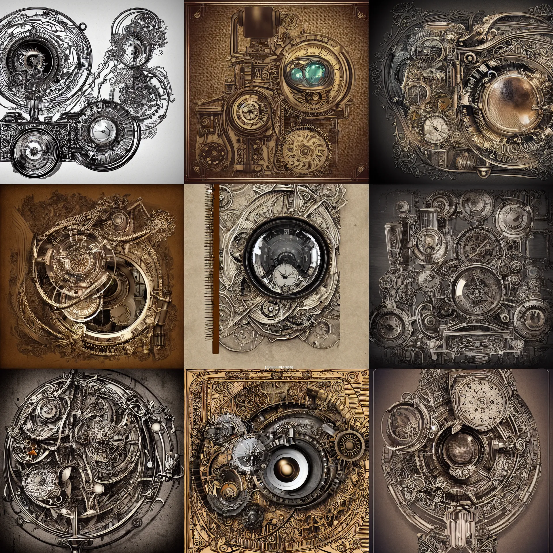 Prompt: extremely detailed illustration wimmelbilder high tech steampunk lens! eerie stylized digital notebook doodles drawings musings art deco with art deco filigree!! scrollwork 8 k render