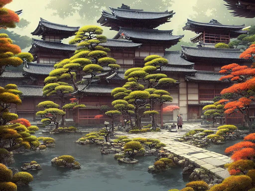 Image similar to old japanese town with garden viewed from harbor, d & d digital painting, ultra realistic, beautiful, volumetric lighting, warm colors advance, cell shading, by james jean, greg rutkowski,