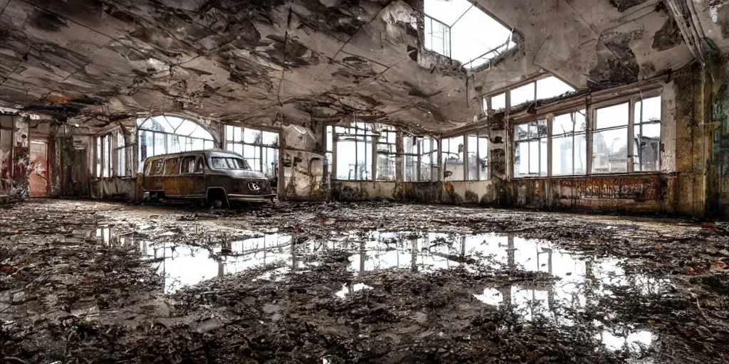 Prompt: an old abandoned factory with a vw campervan rotting, rust, the roof is leaking water and there is a puddle on the floor with reflections