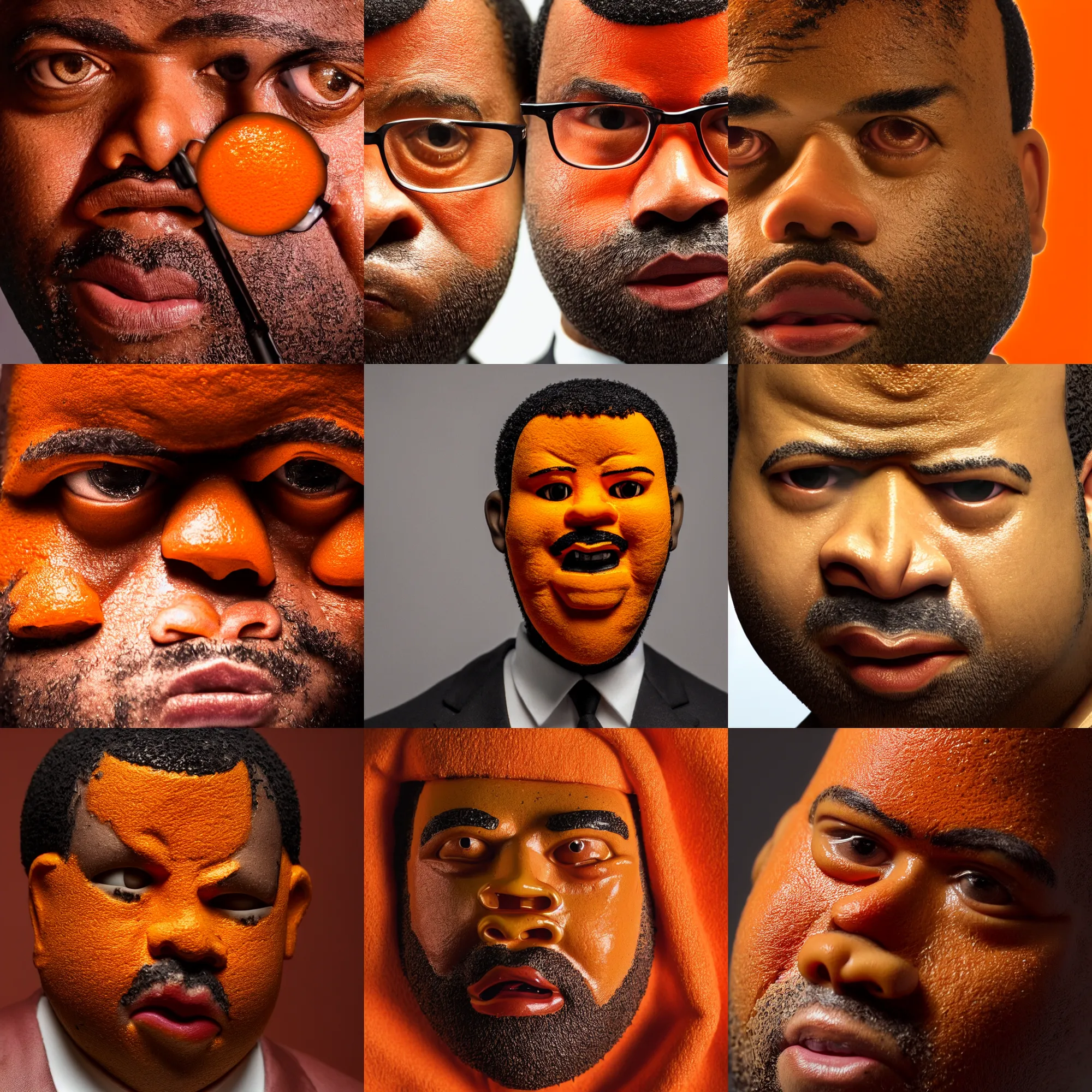 Prompt: orange that looks like jordan peele, jordan peele's face, macro shot, high detail photo