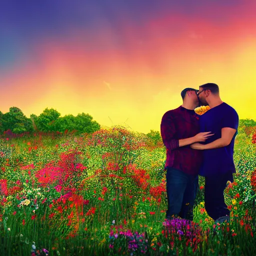 Prompt: a gay couple together in a field of flowers at sunset, realistic, intricate, 4k