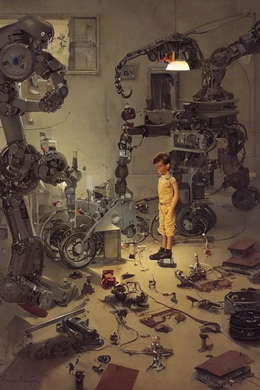 Prompt: a boy fixing his robot, part by Norman Rockwell, part by Greg Rutkowski , part by Mattias Adolfsson, part by Esao Andrews, high angle, oil on canvas