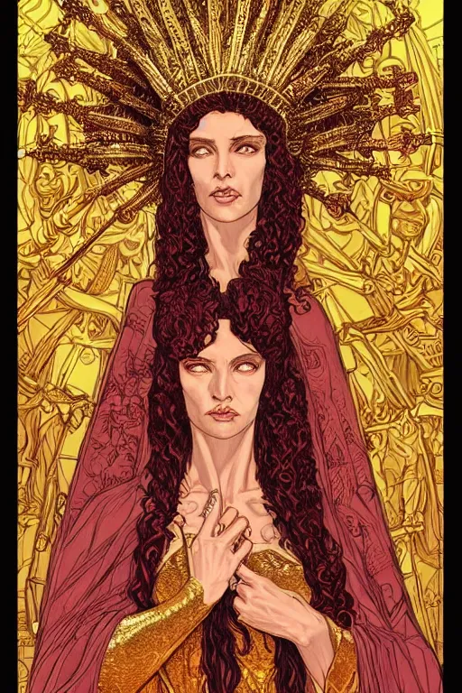 Image similar to Portrait of historically accurate, ancient biblical, sultry, sneering, evil, pagan, wicked, queen jezebel, wearing gilded robes, long hair, intricate, elegant, highly detailed, masterpiece, illustration, art by Jean Giraud, highly detailed, trending on artstation, award winning