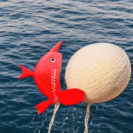 Image similar to a fish floating away from the sea tied to a ballon