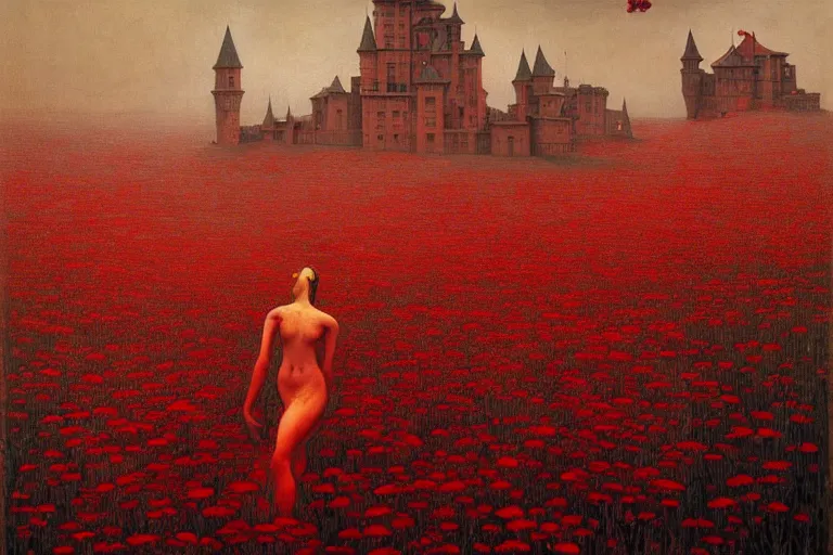 Image similar to only with red, red flowers of different types, a red tiger, a castle in the background, medieval demons dance over the flowers, an ancient path, in the style of beksinski, part by hopper, part by rodcenko, part by hofbauer, intricate composition, red by caravaggio, insanely quality, highly detailed, masterpiece, red light, artstation