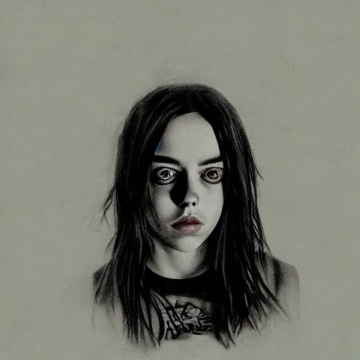 Image similar to grunge drawing of billie eilish in the style of the shining