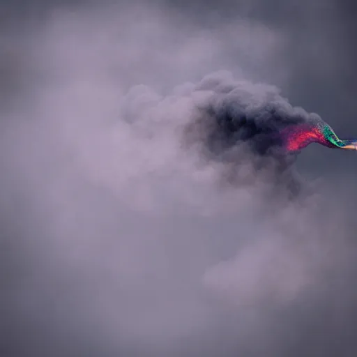 Image similar to muted colorful smoke forms into vague shape reminiscent racing dragon.