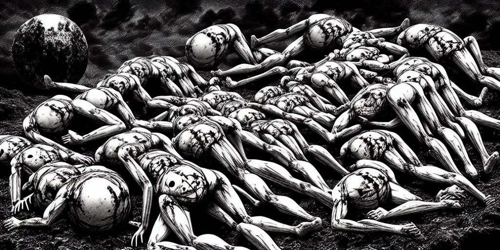 Prompt: “A pile of dead bodies in the shape of a planet, in the style of Kentaro Miura, Berserk, landscape, hyperdetailed, ultra quality, 4k, ultra details”