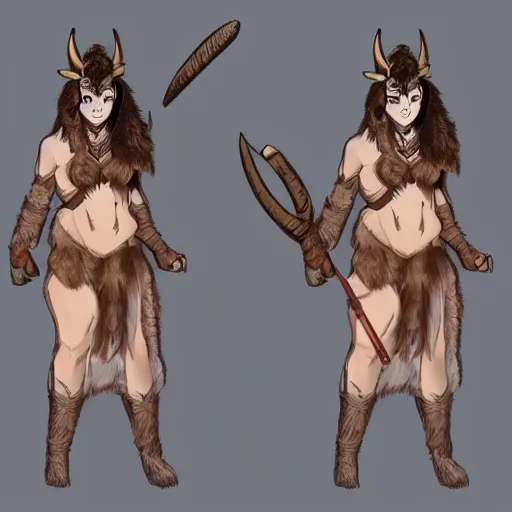 Image similar to cute fantasy drawing of a brown fur female Minotaur warrior with white spots, concept art