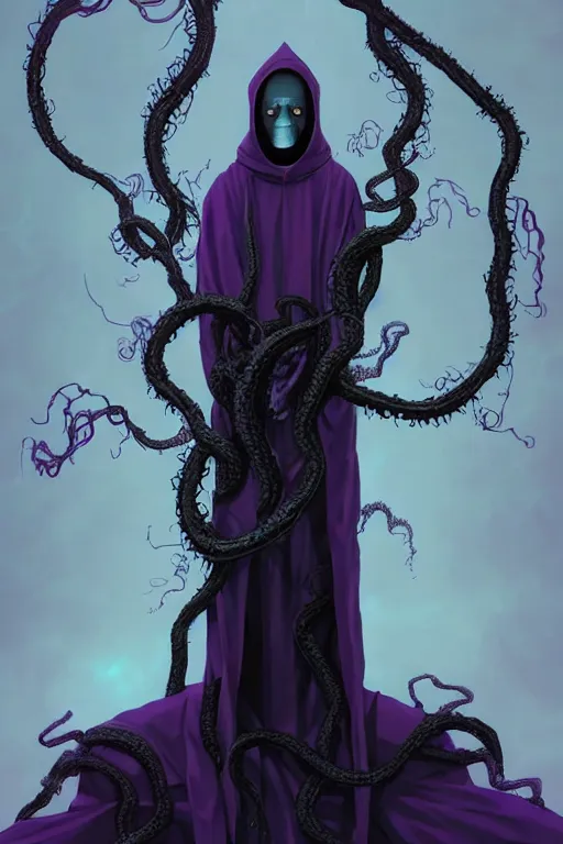 Image similar to A full body portrait of a mysterious shaman (male) with no face with a very long hooded dark purple cloak tentacles and vines coming out the ground art by Maciej Kuciara and Jason Chan, ominous, cosmic horror, trending on artstation, Ultra detailed, hyper realistic 4k